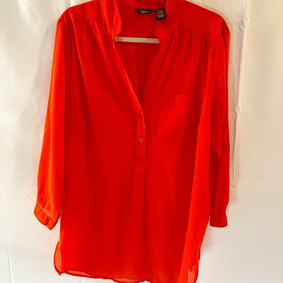 Gold Drama. Women's orange transparent blouse with three-quarter sleeves.Size1X. - Picture 1 of 8